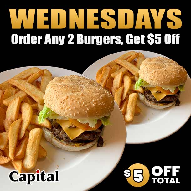Burger Wednesday: Get $5 Off when you order 2 Burgers!